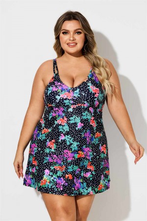 Colorful Flowers Dot Print Scoop Neck Plus Size Swimdress