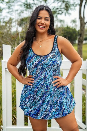 Blue Animal Print Scoop Neck Plus Size Swimdress