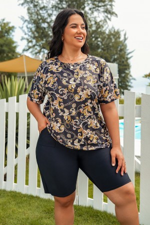 Gold Geometric Round Neck Tankini Set