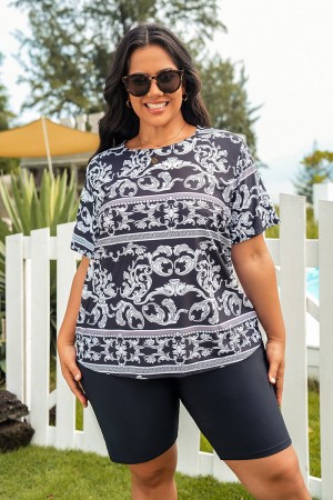 High Neck Short Sleeves Vintage Women Plus Size Tankini Set