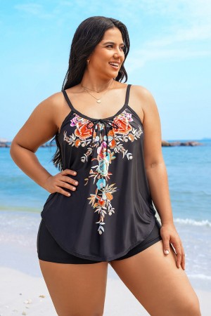 Plus Size Bowknot Floral Print Tankini Set