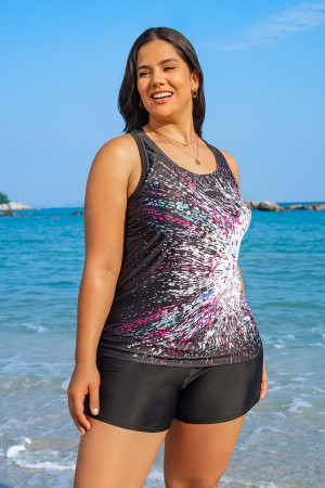 Colorful Blooming Scoop Neck Thick Strap Plus Size Tankini Set
