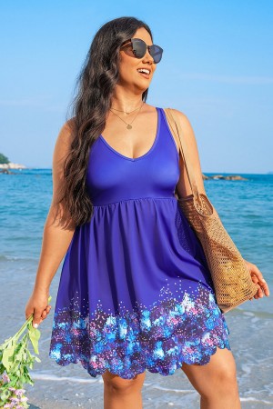 Coloful Floral Border Scallop Hem Scoop Neck Plus Size Swimdress