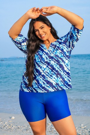 Navy Watercolor Stripe Print V Neck Half Sleeve Plus Size Tankini Set