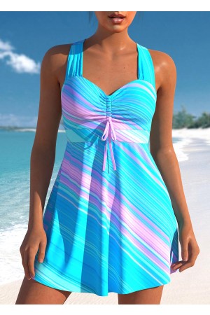 Cross Strap Striped Cyan Swimdress