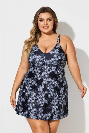 Black And White Flowers Print Scoop Neck Plus Size Swimdress
