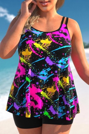 Plus Size Graffiti Print Black Tankini Set