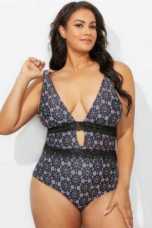 Black Floral Lace Plunge Neck One Piece Swimsuit