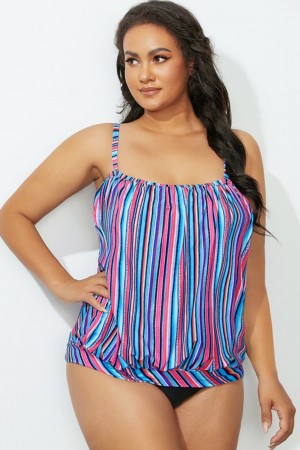 Colorful Striped Bandeau Blouson Tankini Set
