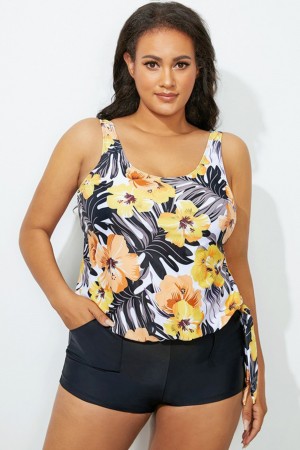 Yellow Floral Side Tie Blouson Tankini Set