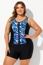 Blue Zipper Front V Neck Thick Strap Plus Size Tankini Set