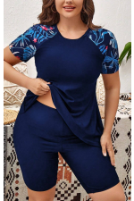 Tropical Print Raglan Sleeve Bikini Swimsuit With Short Sleeve