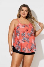 Plus Size Plants Print Coral Red Tankini Set