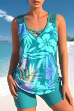 Lace Turquoise Tropical Plants Print Tankini Set
