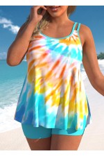 Plus Size Tie Dye Print Cyan Tankini Set