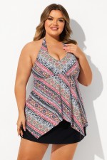 Red Geometric Print Halter Strap V Neck Hanky Hem Plus Size Tankini Set