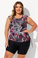 Red Leaf Print Scoop Neck Thick Strap Plus Size Tankini Set