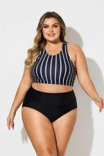 Black Striped Scoop Neck Wide Straps Cross Back Plus Size Bikini Set