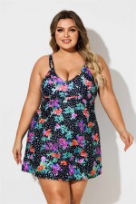 Colorful Flowers Dot Print Scoop Neck Plus Size Swimdress