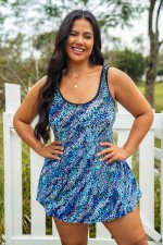 Blue Animal Print Scoop Neck Plus Size Swimdress