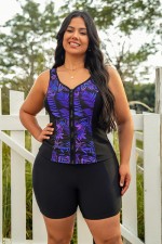 Purple Zipper Front V Neck Thick Strap Plus Size Tankini Set