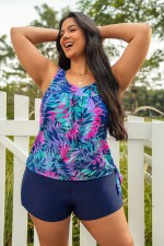 Multi Color Leaf Print Scoop Neck Plus Size Tankini Set