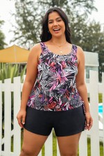 Red Leaf Print Scoop Neck Side Tie Thick Strap Plus Size Tankini Set