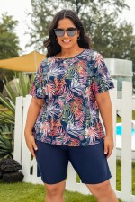Multi Color Leaf Print High Neck Short Sleeves Plus SizeTankini Set