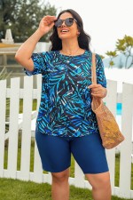 Plants Print High Neck Short Sleeves Plus Size Tankini Set