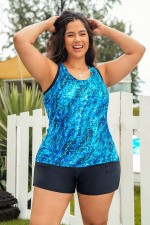 Blue Watercolor Scoop Neck Thick Strap Plus Size Tankini Set