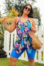 Plus Size Tropical Floral Print V Neck Longer Length Tankini Set