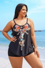 Plus Size Bowknot Floral Print Tankini Set