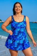 Blue Plants Leaf Print Scoopneck Plus Size Swimdress