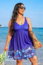 Coloful Floral Border Scallop Hem Scoop Neck Plus Size Swimdress