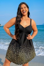 Black And Gold Dot Border Scallop Hem V Neck Plus Size Swimdress