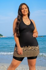 Black Gold Geometric Print Scoop Neck Thick Strap Plus Size Tankini Set