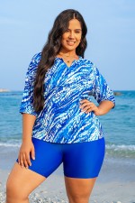 Blue Watercolor Stripe Print V Neck Half Sleeve Plus Size Tankini Set