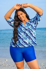 Navy Watercolor Stripe Print V Neck Half Sleeve Plus Size Tankini Set