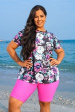 Pink Floral Round Neck Short-Sleeved Tankini Set
