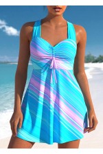 Cross Strap Striped Cyan Swimdress