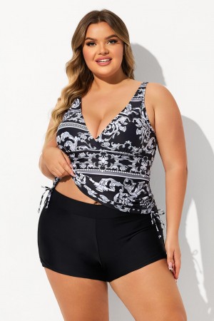 Black Cloudy Pattern V Neck Adjustable Strap Plus Size Tankini Set