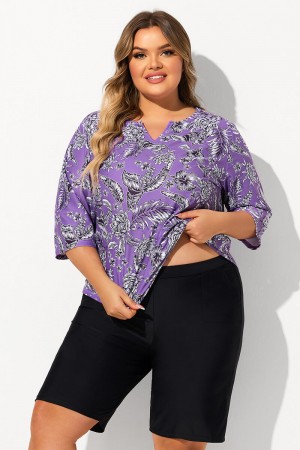 Purple Tropical Floral Print V Neck Half Sleeve Plus Size Tankini Set