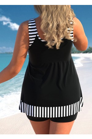 Plus Size Mesh Striped Black Tankini Set