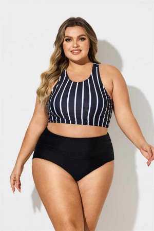 BLACK STRIPED SCOOP NECK WIDE STRAPS CROSS BACK Plus Size BIKINI SET