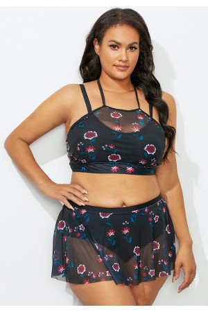 Black Floral Mesh High Neck Bikini Set