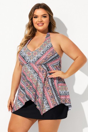 Red Geometric Print Halter Strap V Neck Hanky Hem Plus Size Swimdress