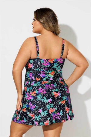Colorful Flowers Dot Print Scoop Neck Plus Size Swimdress