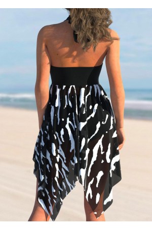 Asymmetric Hem Brushstroke Print Color Block Swimdress