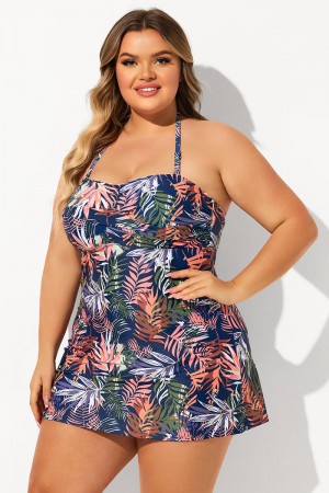 Red Tropical Leaf Print Bandeau Halter Strap Plus Size Tankini Set