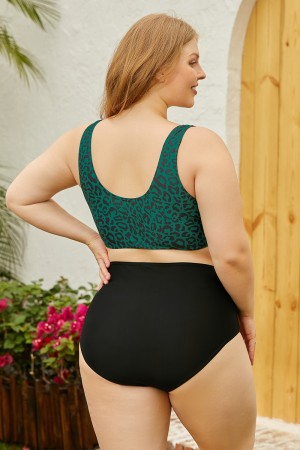 Green Square Neck Wide Straps Bikini Top And Black HighWaist Bottom